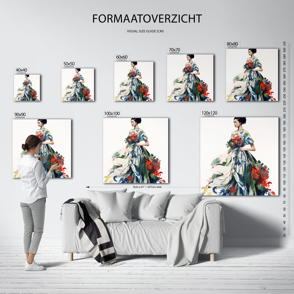 Vrouw met bloemenjurk – vierkante muurposter met kleurrijke illustratie