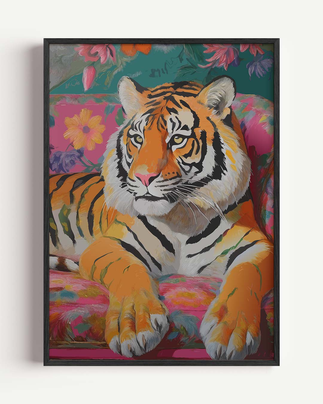 Tropische Tijger in Bloemenweelde – dieren portret poster als wanddecoratie