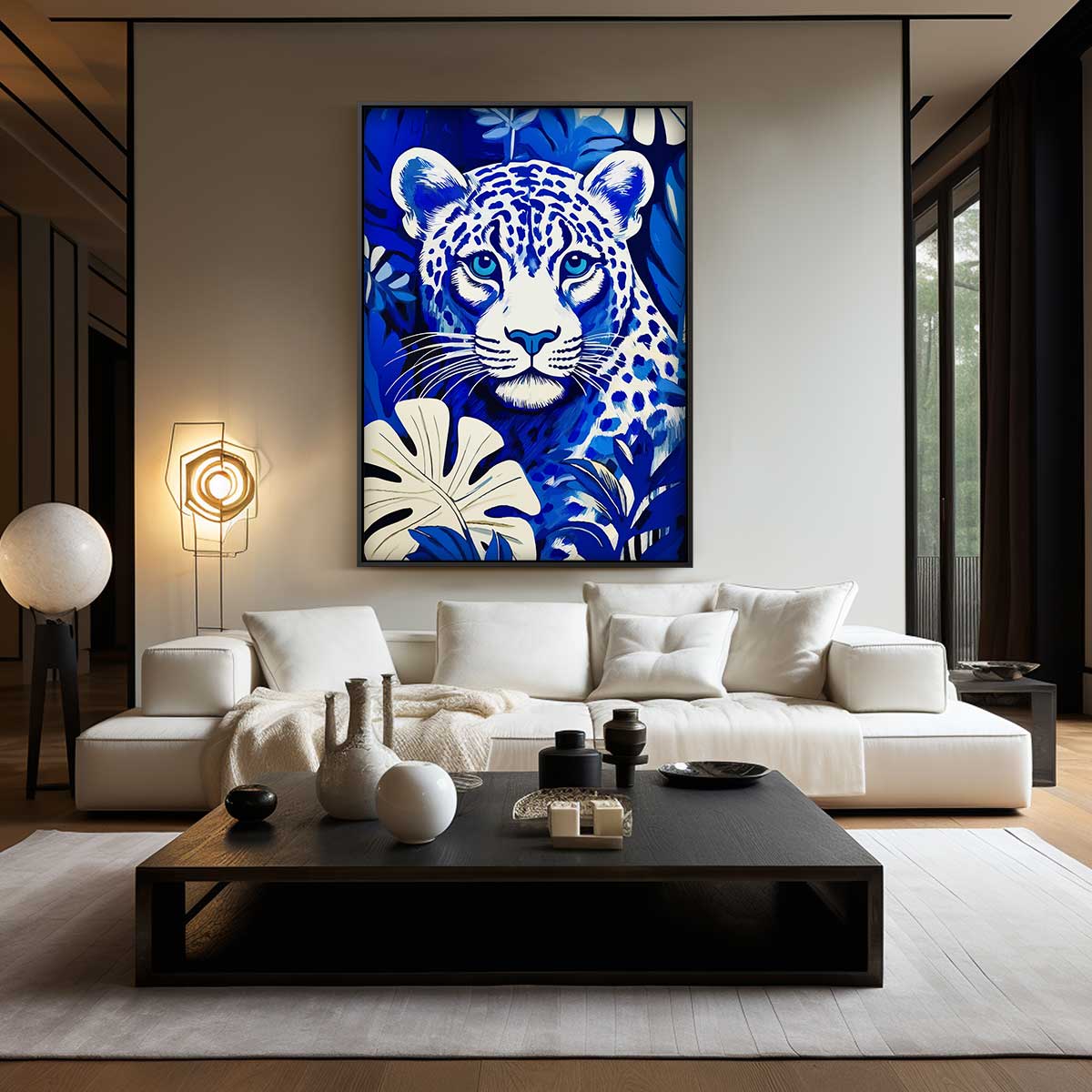 Blauwe Jungleluipaard Kunstwerk – kunstwerk met zwarte baklijst