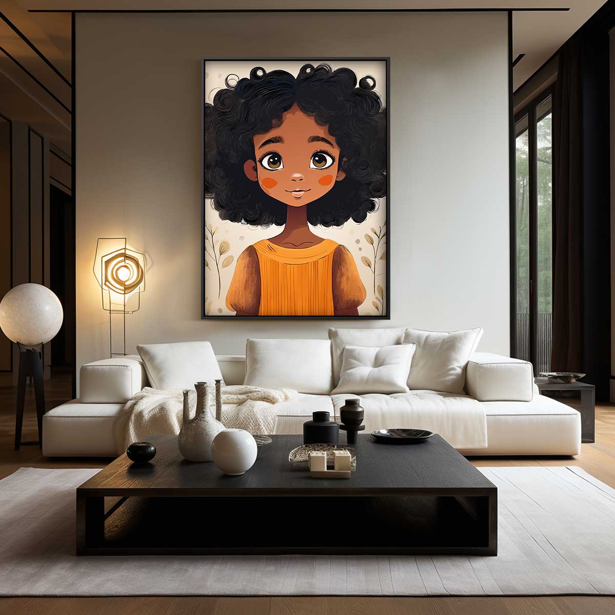 Schattig Meisje met Krullend Haar – kunstwerk met zwarte baklijst