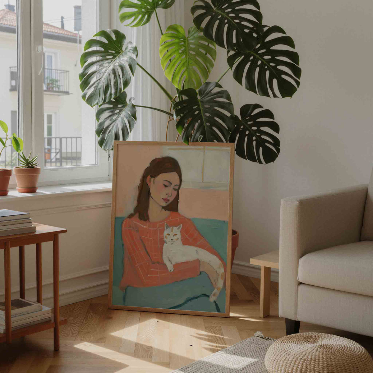 Vrouw met kat – moderne illustratie als portret poster
