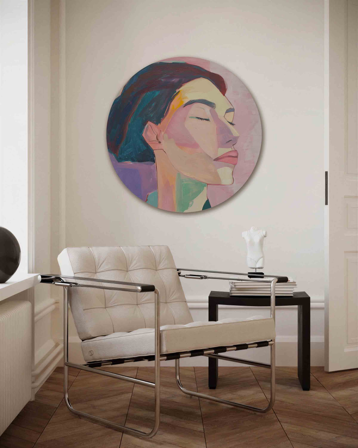 Portret in pastel – kleurrijke muurcirkel als ronde wanddecoratie