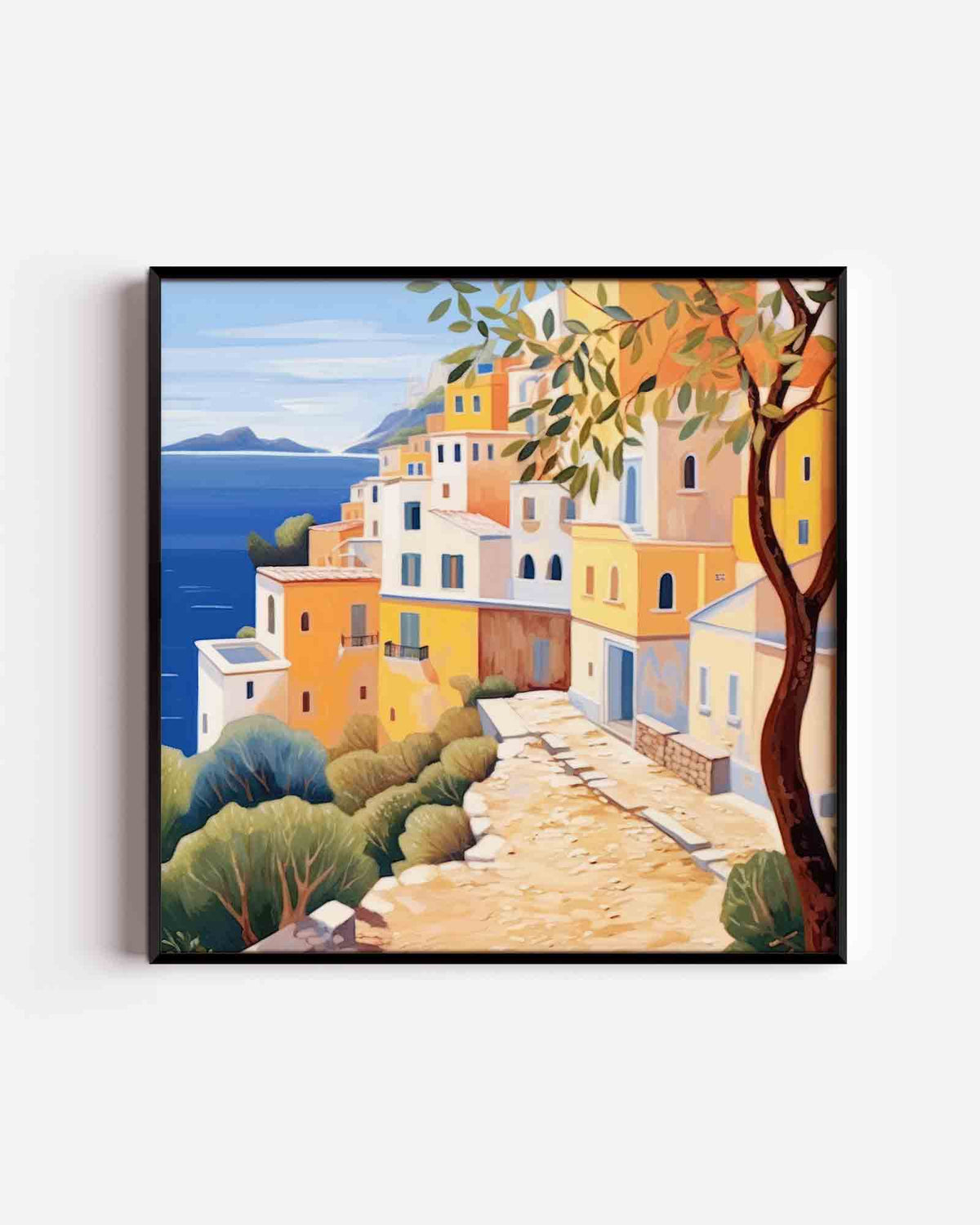 Mediterrane huizen aan zee – keuken vierkante poster als wanddecoratie