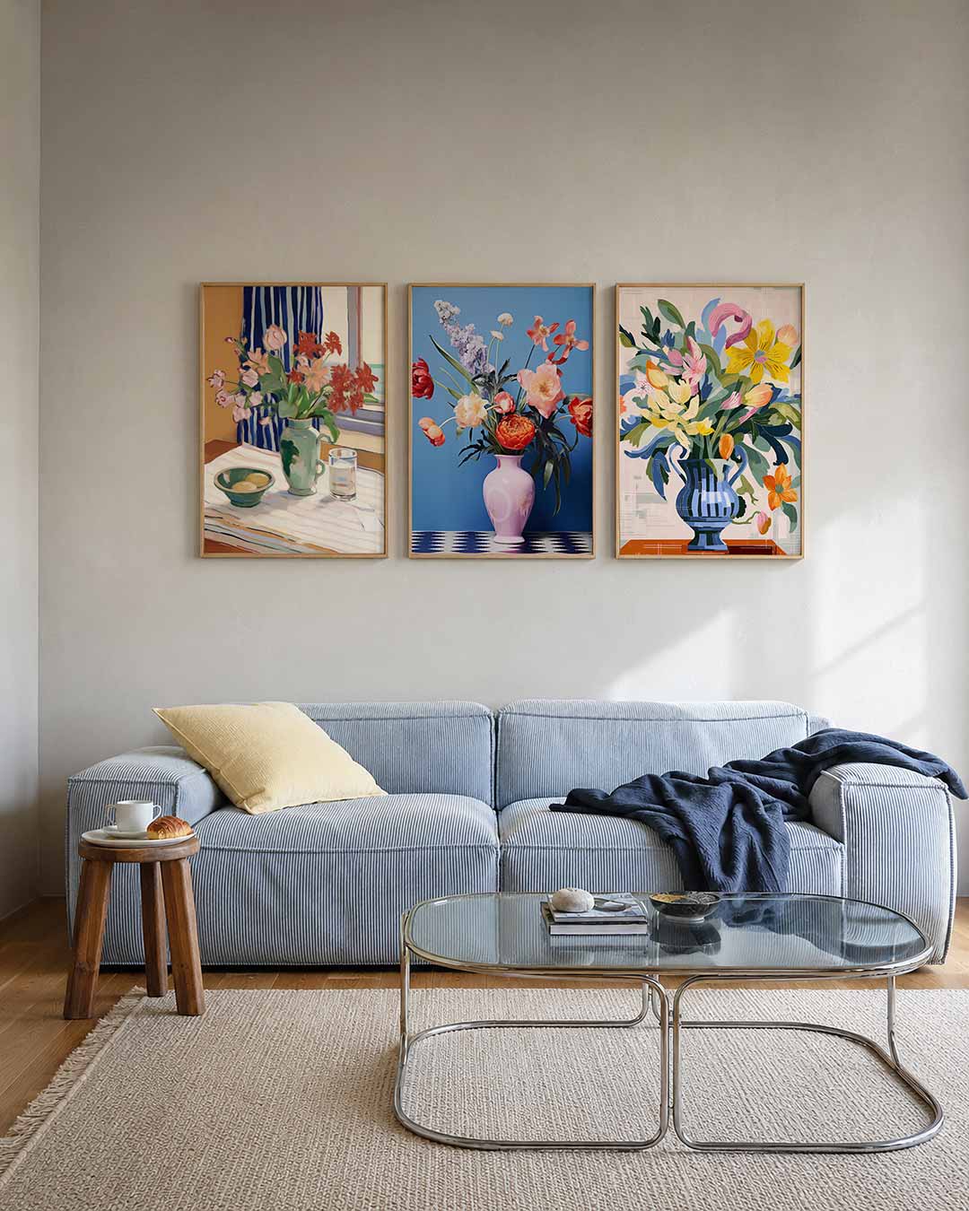 Bloemen en strepen posterset – tweede productweergave – een vaas met kleurrijke bloemen staat op een tafel met een
