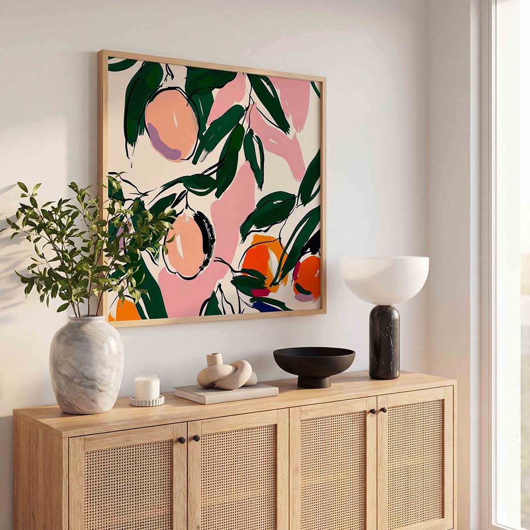 Fruit en bladeren – illustratie poster in vierkant formaat