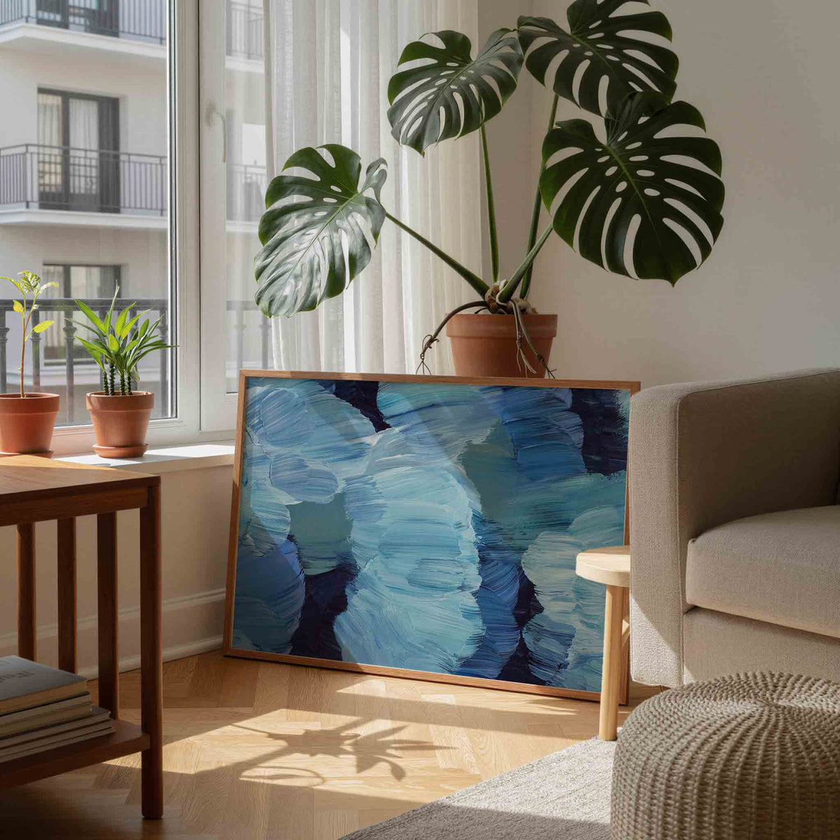 Blauwe penseelstreken – schilderkunst als moderne landscape poster