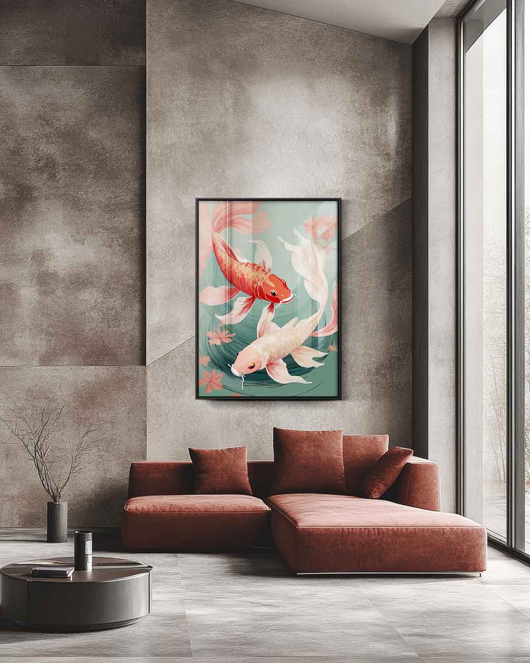 Koi Vissen in Stroom – staande wandkunst voor woonkamer of interieur