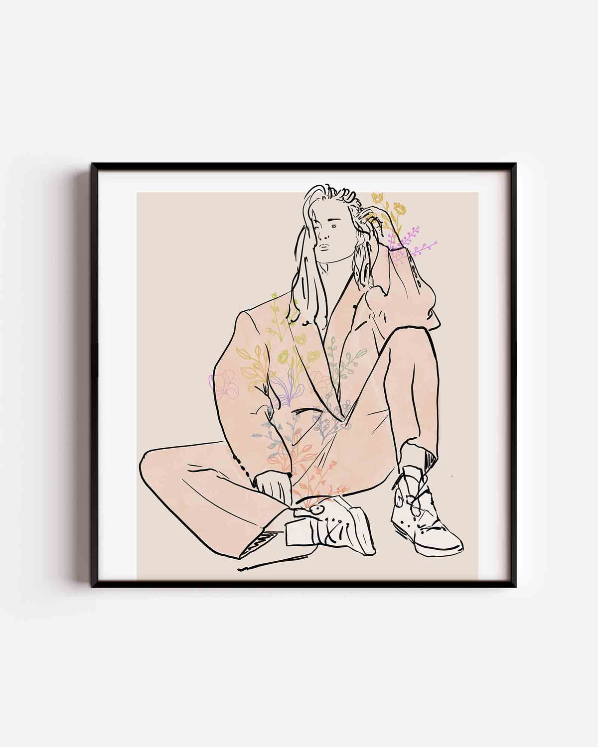 Zittende figuur met bloemen – vrouwelijk portret als vierkante poster