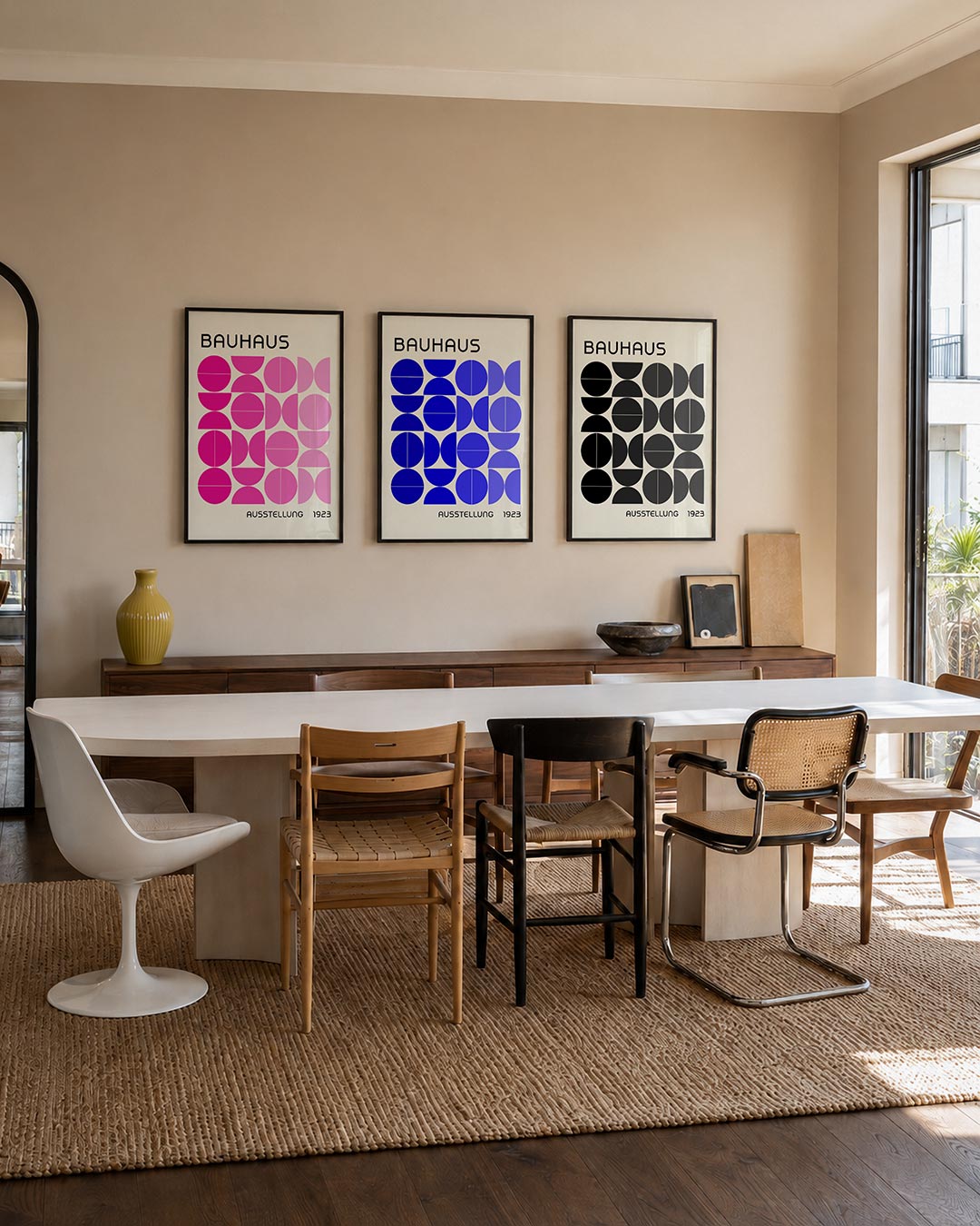 Vorm en kleur posterset – tweede productweergave – deze posterset in drie delen toont een speelse ordening van halve cirkels