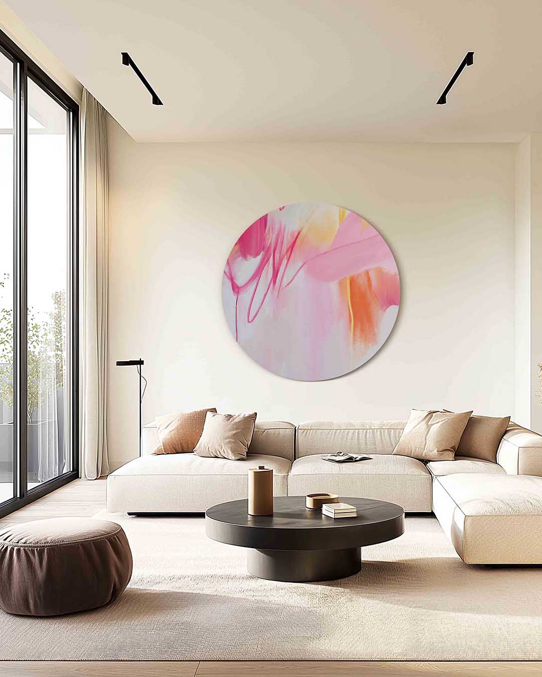 Abstracte roze en oranje – kleurrijke muurcirkel als ronde wanddecoratie