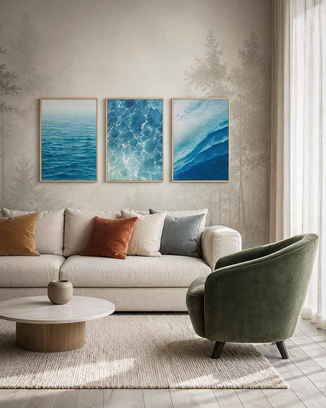 Golvend blauw ritme driedelige posterset – deze afbeelding toont een zee van blauwe tinten die in
