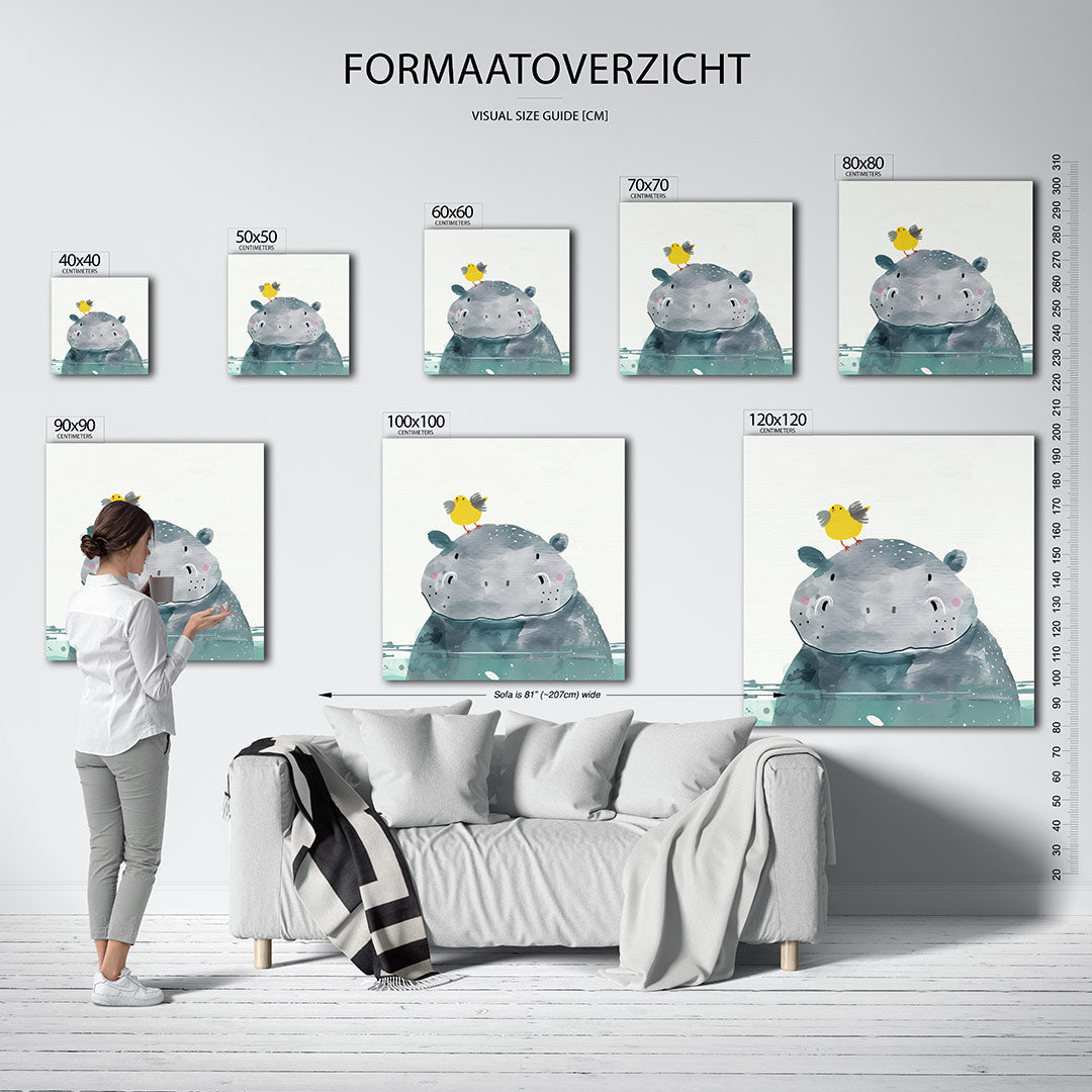 Dierenvrienden illustratie kunstwerk – sfeerbeeld – een speelse illustratie van een nijlpaard met een vrolijk geel vogeltje