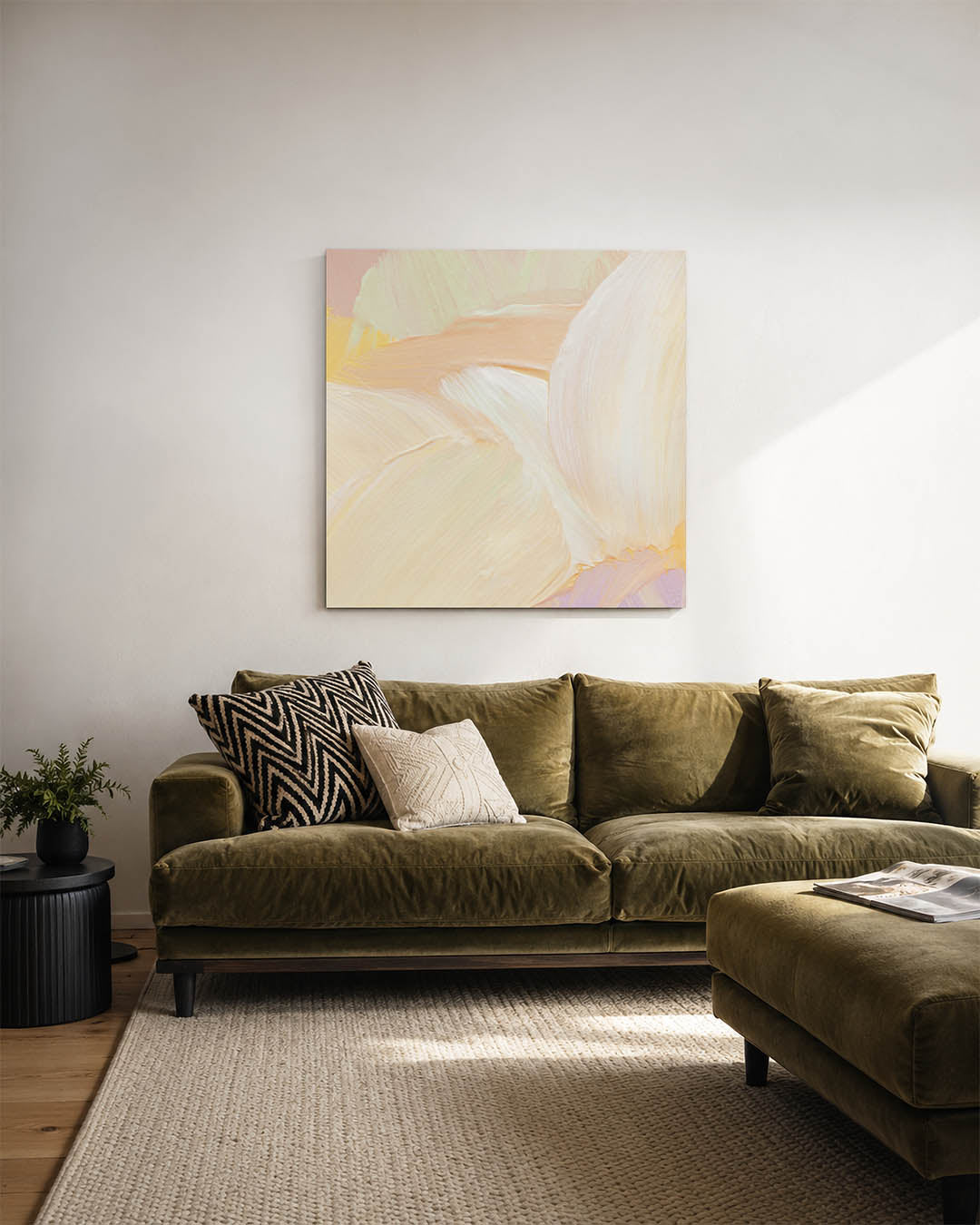 Zachte kleuren harmonie kunstwerk – sfeerbeeld – dit werk toont vloeiende penseelstreken in zachte pastelkleuren, met een