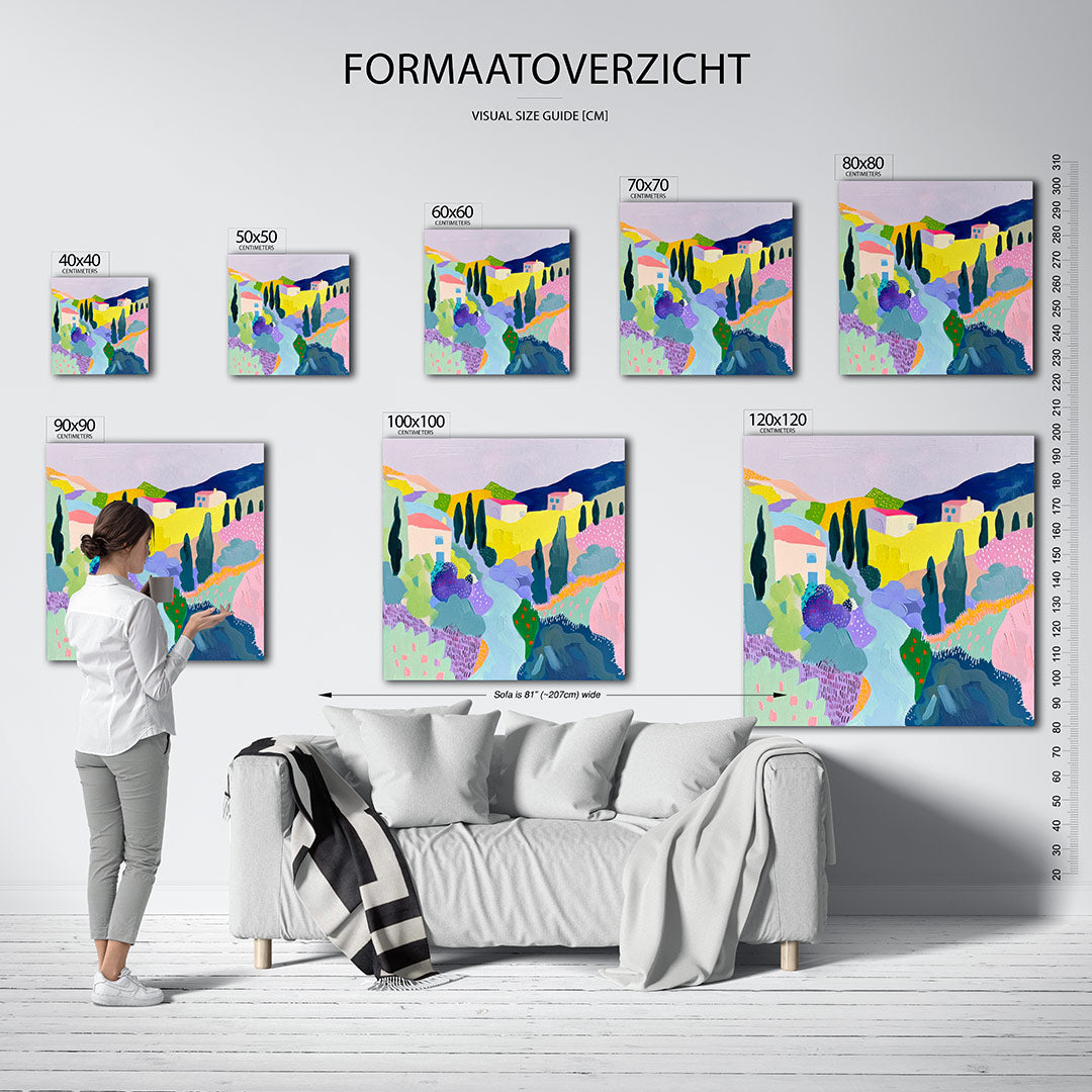 Kleurrijk landschap kunstwerk – sfeerbeeld – dit kunstwerk toont een levendig landschap met golvende heuvels en kleurrijke