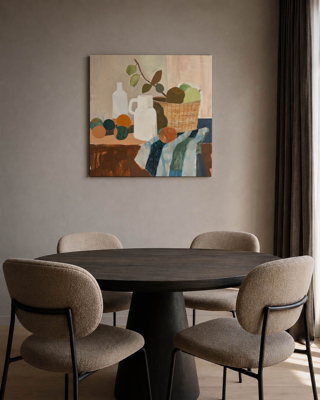 Fruit en vormen kunstwerk – tweede productweergave – dit werk toont een stilleven met fruit en objecten. De compositie