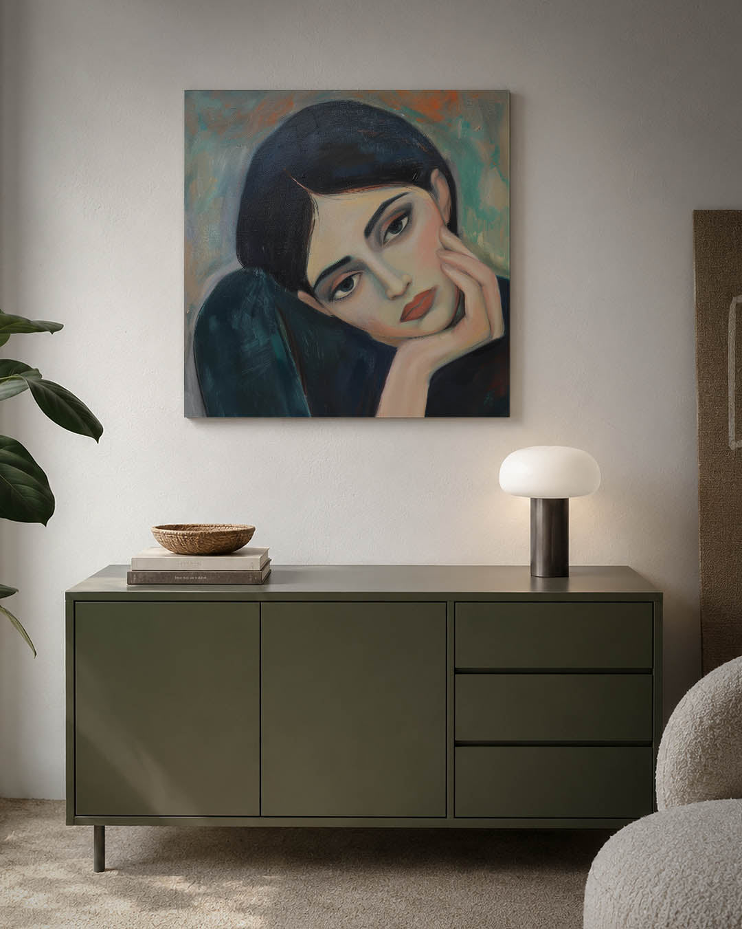 Dromerige blik kunstwerk – detailweergave – dit kunstwerk toont een vrouw met een dromerige blik. De zachte penseelstreken en