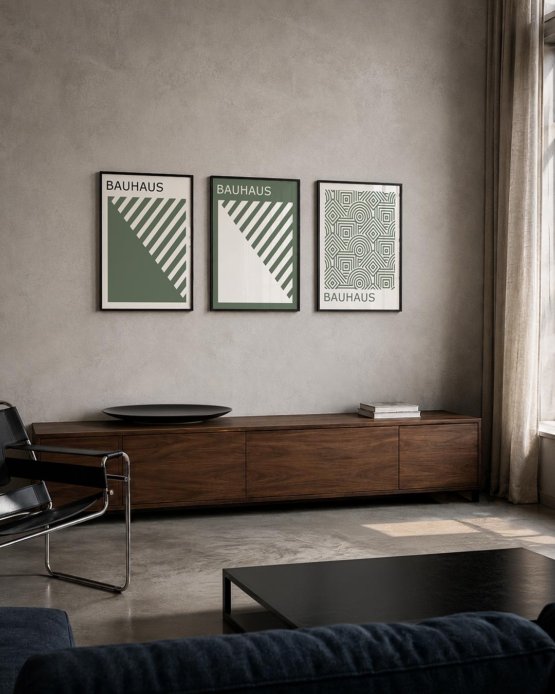 Lijnenspel en vlakken driedelige posterset – deze posterset in drie delen toont een dynamisch lijnenspel met diagonale