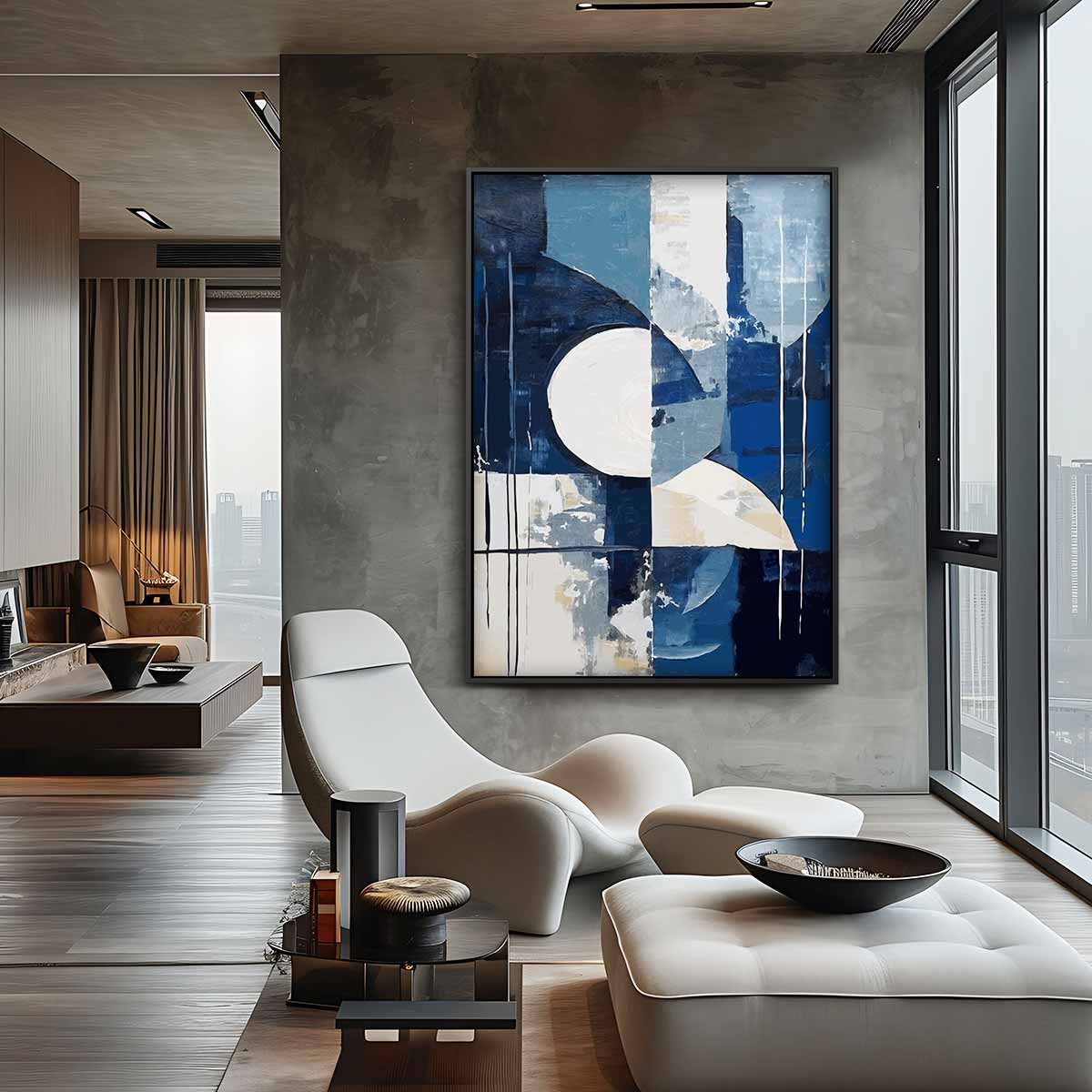 Abstracte Blauwe Geometrie – canvas wanddecoratie in portret formaat