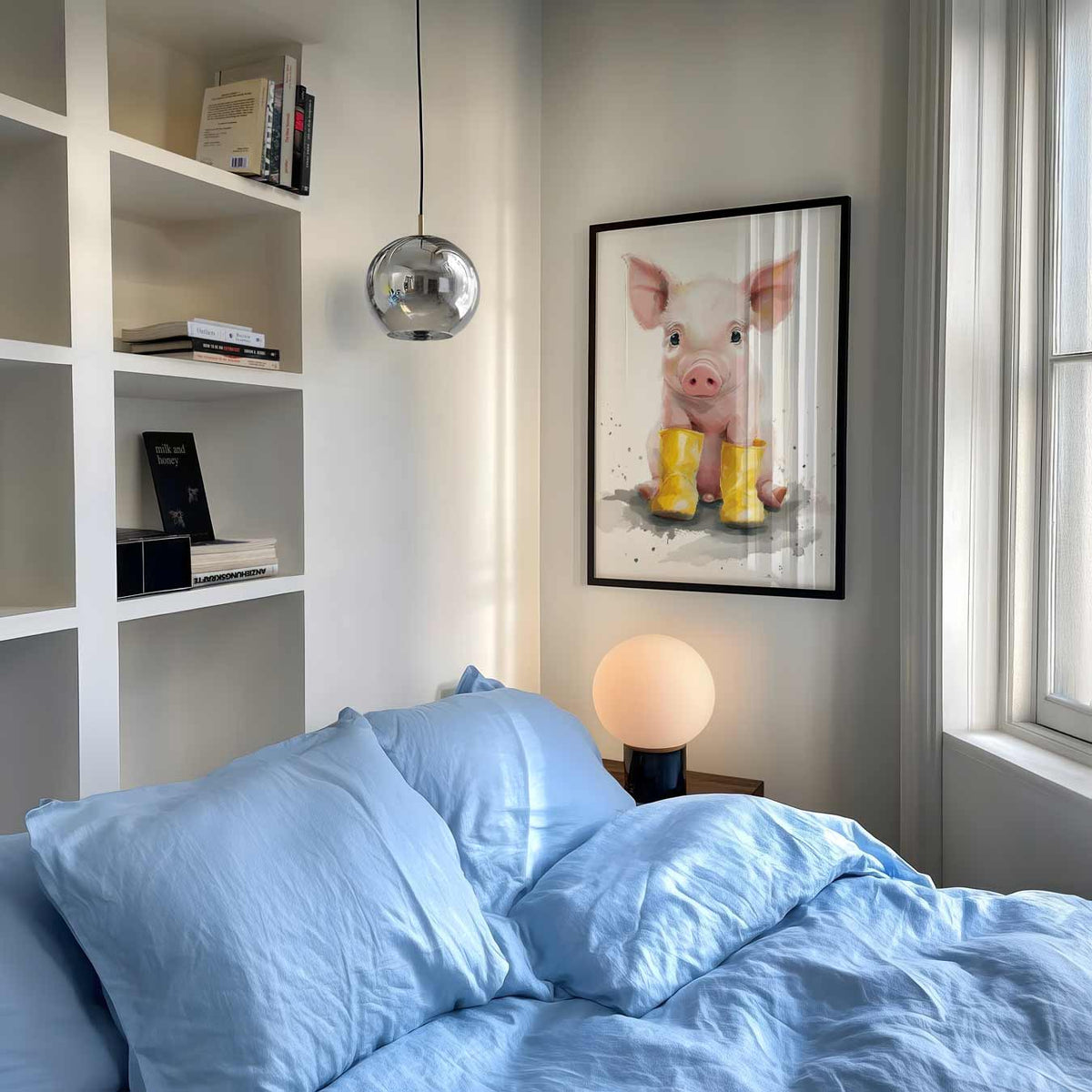 Schattig Varkentje in Gele Regenlaarsjes – kinderposter in staand formaat