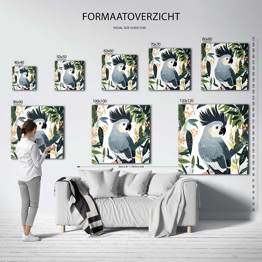 Vogels en bladeren kunstwerk – dit kunstwerk toont een vogel met gedetailleerde veren, omringd door diverse bladeren en