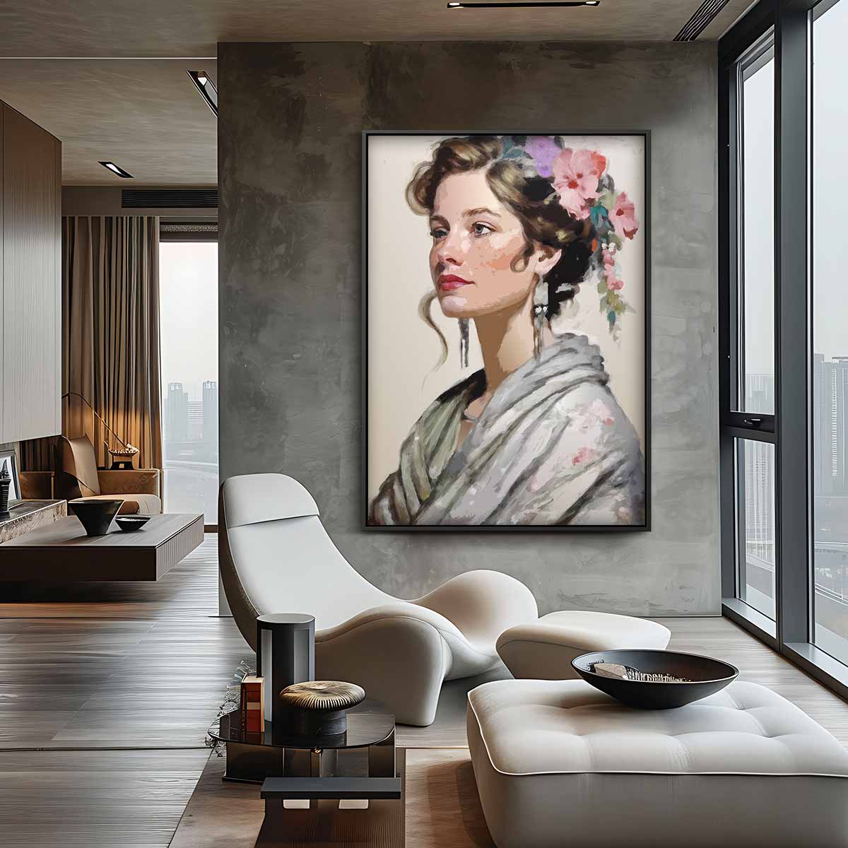 Elegant Portret van een Vrouw met Bloemen – staand kunstwerk voor modern interieur