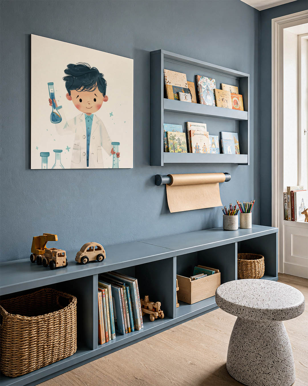 Speelse illustratie kunstwerk – detailweergave – een vrolijke illustratie van een kind in een witte jas met blauwe details
