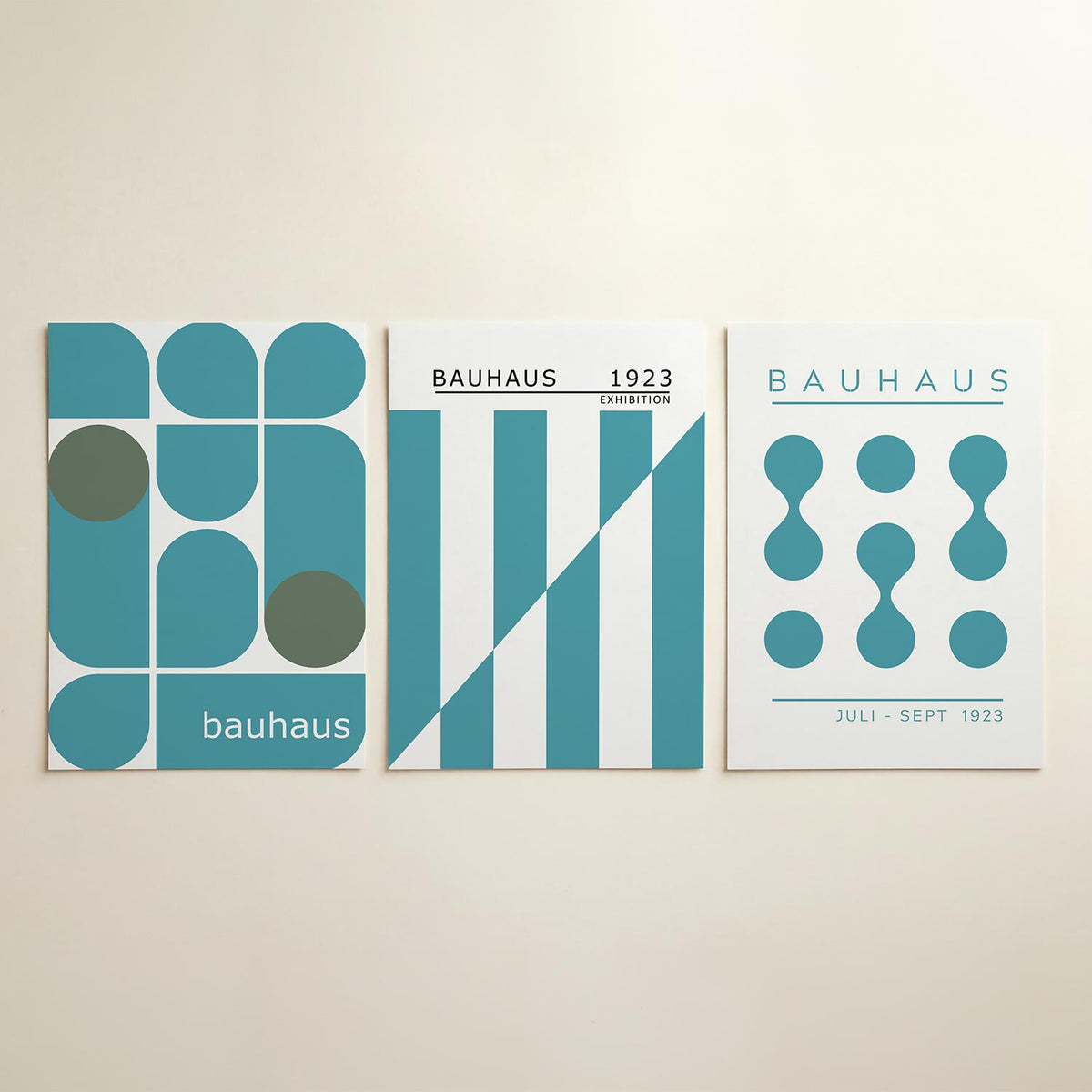 Vorm en kleur posterset – detailweergave – deze posterset in drie delen toont een speelse combinatie van blauwe en groene
