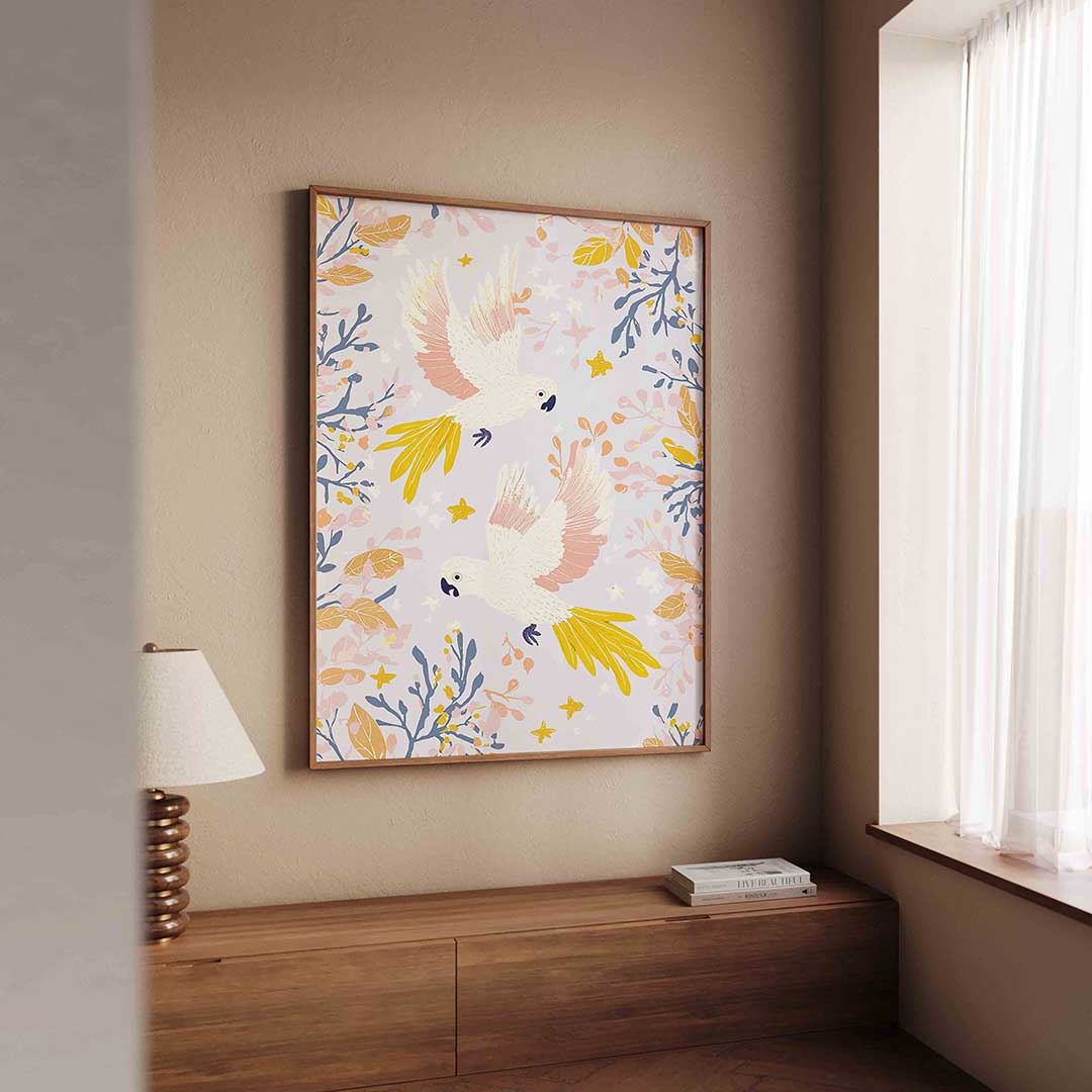 Papegaaien en bladeren – tropische wandkunst als portret poster