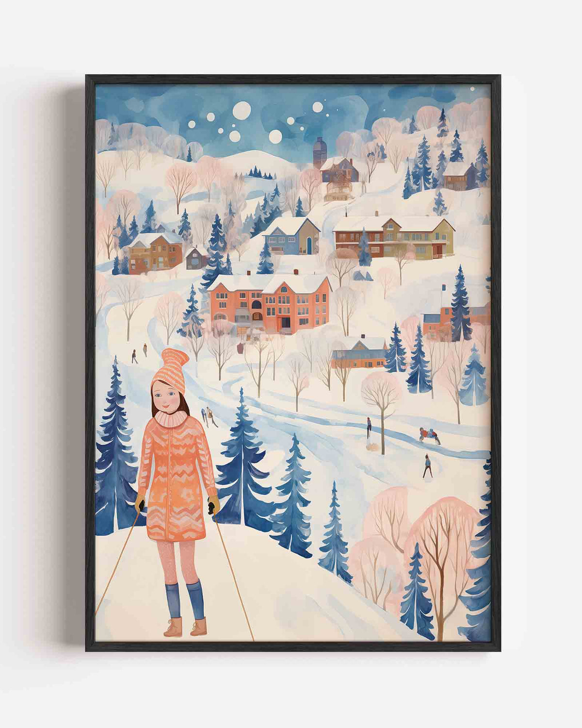 Winterlandschap met skiër – kerst portret poster als wanddecoratie
