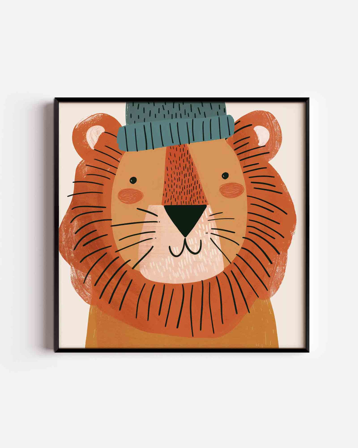Leeuw met muts – vierkante kinderposter als wanddecoratie