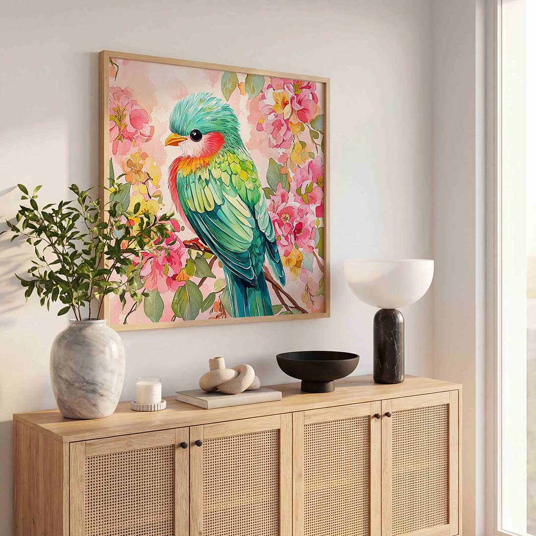 Vogel en bloemen – dierenillustratie als vierkante poster