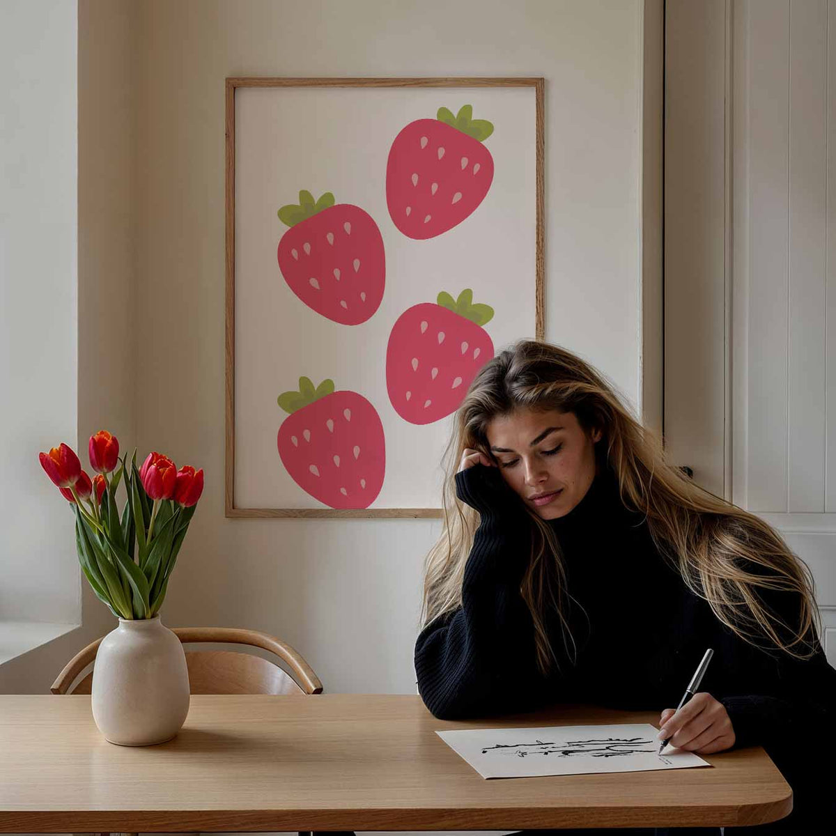Vrolijke Aardbeienspeelsheid – keuken poster als sfeervolle staande wanddecoratie