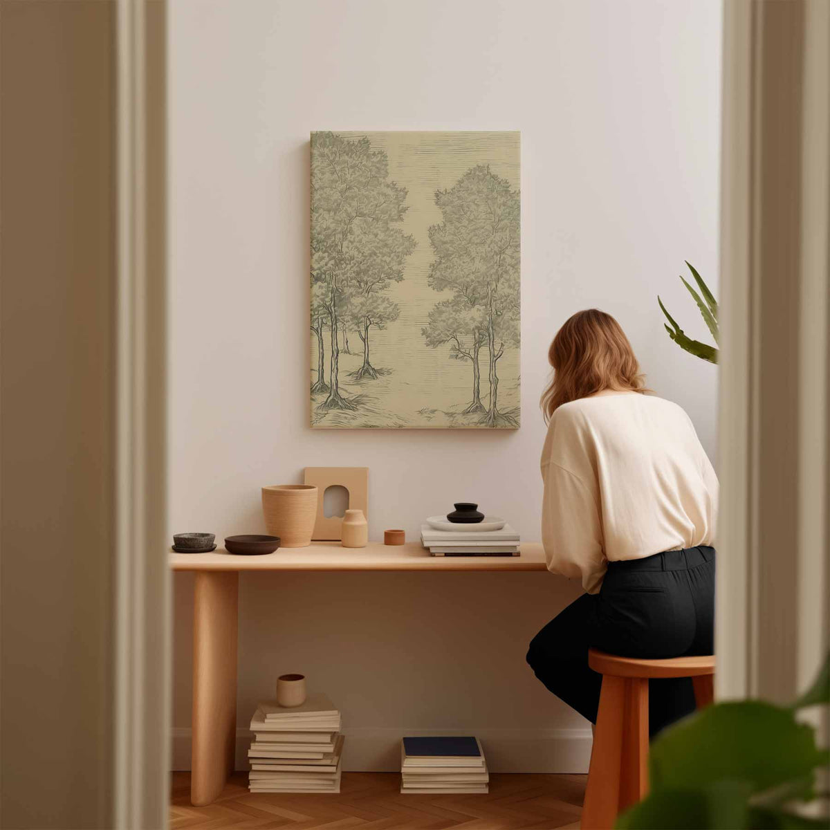 Boslandschap in Lijntekening – canvas kunstwerk als wanddecoratie