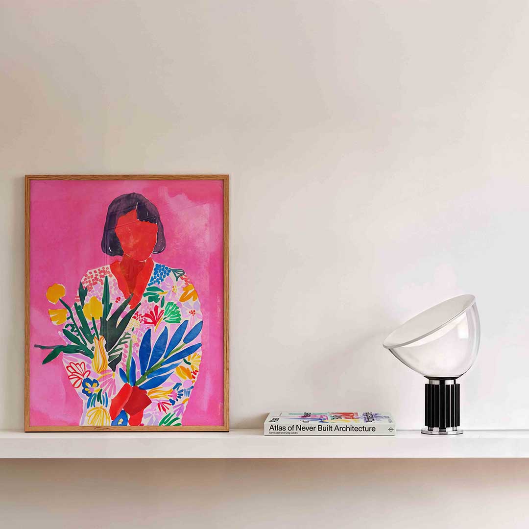 Vrouw met bloemen – kleurrijke illustratie als portret poster