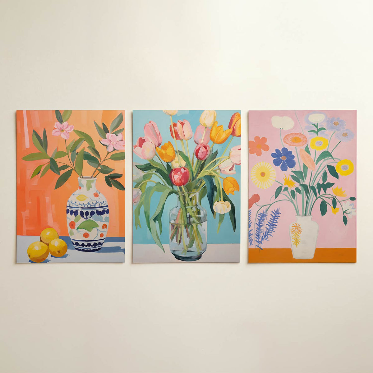 Bloemen en citroenen posterset – detailweergave – deze posterset in drie delen toont een vaas met bloemen
