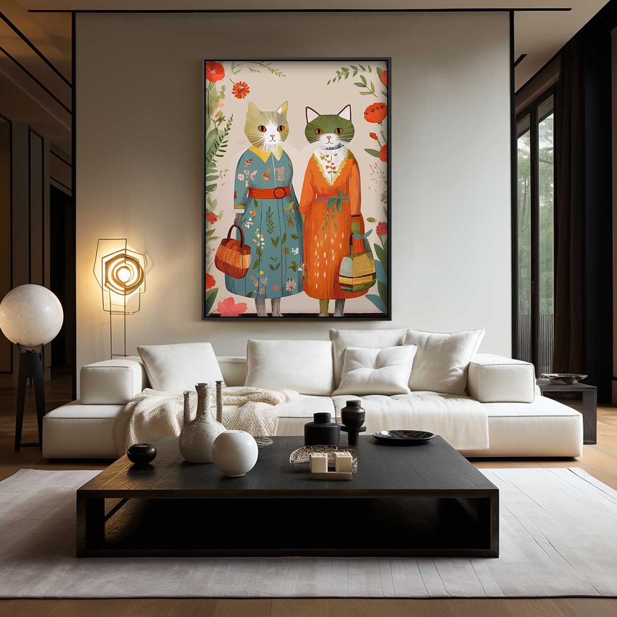 Retro Katten Vriendinnen – kunstwerk met zwarte baklijst