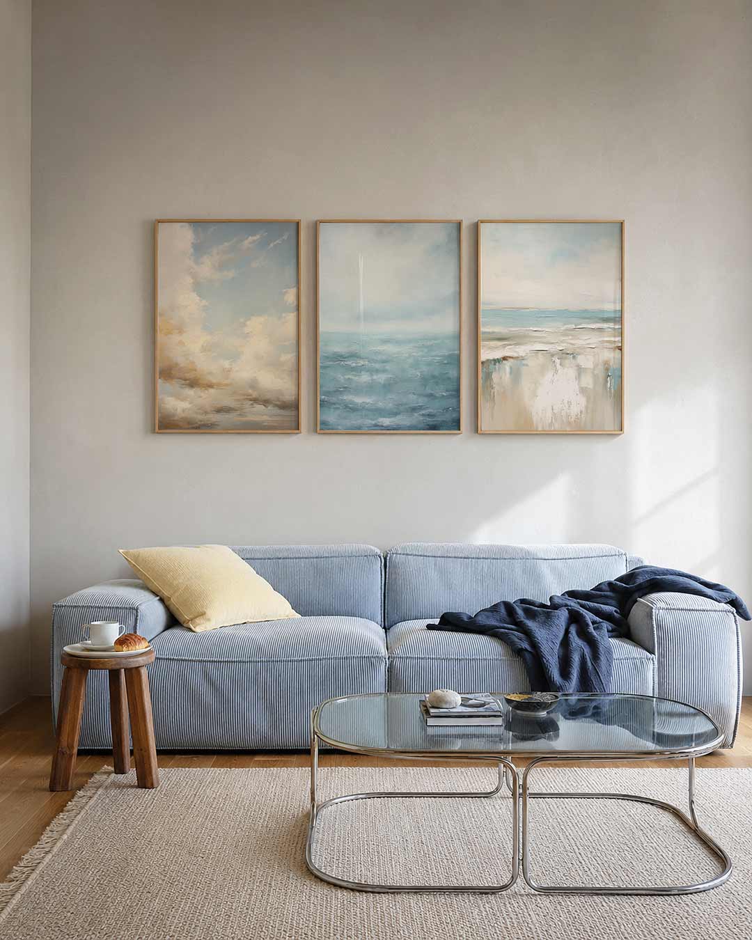 Wolken en hemel posterset – tweede productweergave – zachte wolken zweven door een blauwe lucht, met warme beige