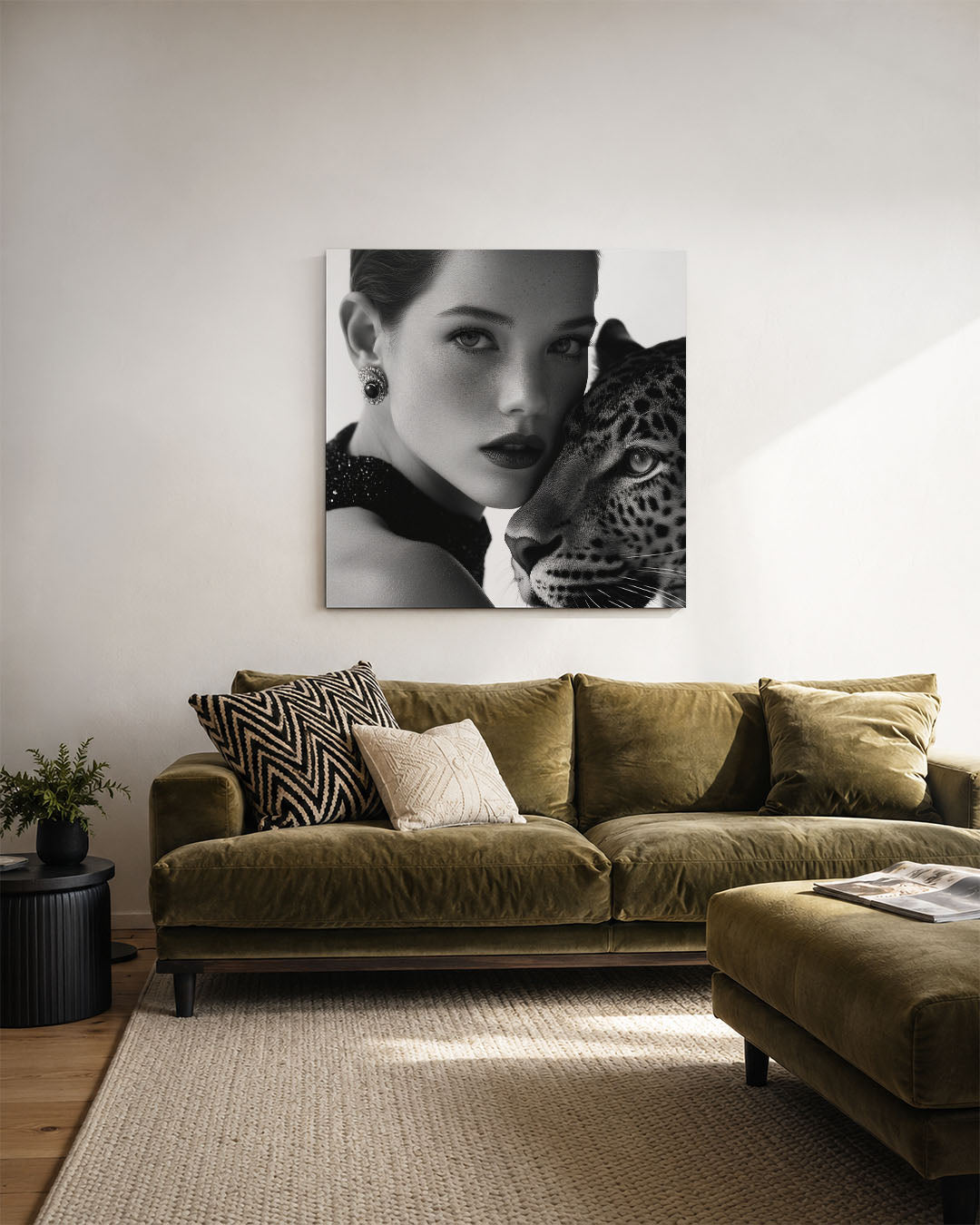 Dierlijke verbondenheid kunstwerk – derde productweergave – dit kunstwerk toont een intieme compositie van een vrouw en een