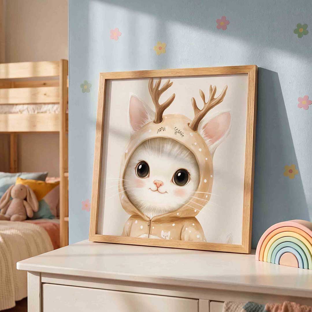 Kat met gewei – speelse wandkunst als vierkante kinderposter