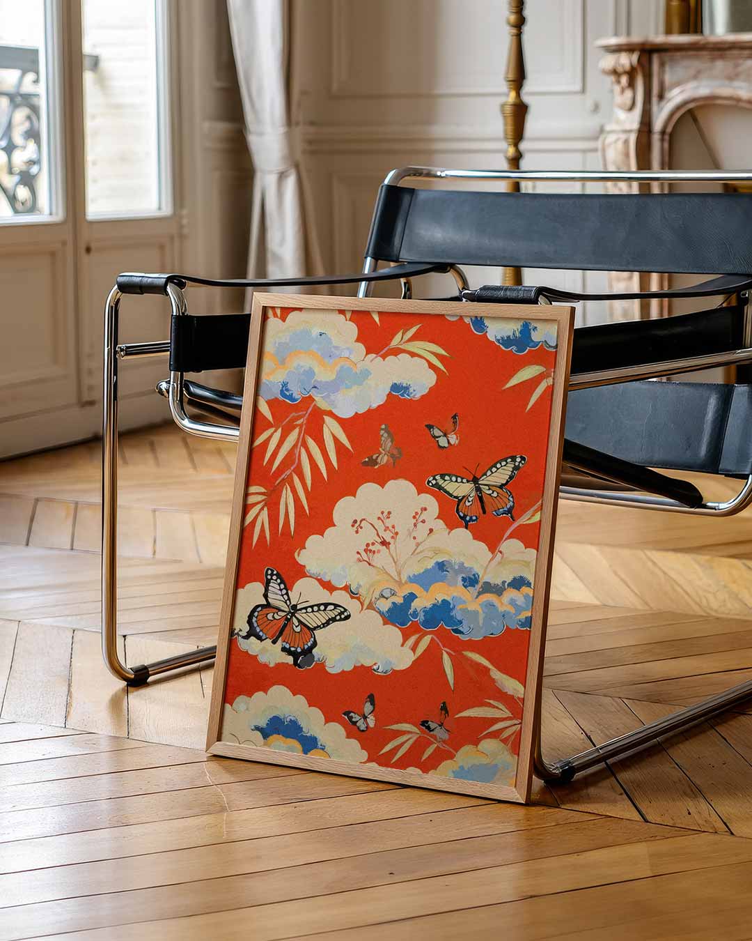 Vlinders en Wolken Op Rode – urban poster in staand formaat