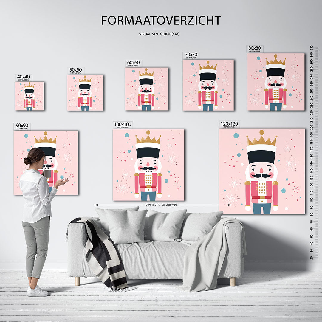 Illustratie van een notenkraker kunstwerk – sfeerbeeld – dit werk toont een notenkraker met een gouden kroon en kleurrijke