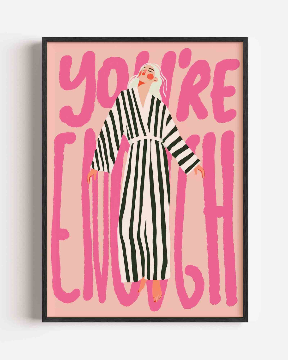 Gestreepte jurk en roze tekst – kleurrijke illustratie portret poster als wanddecoratie