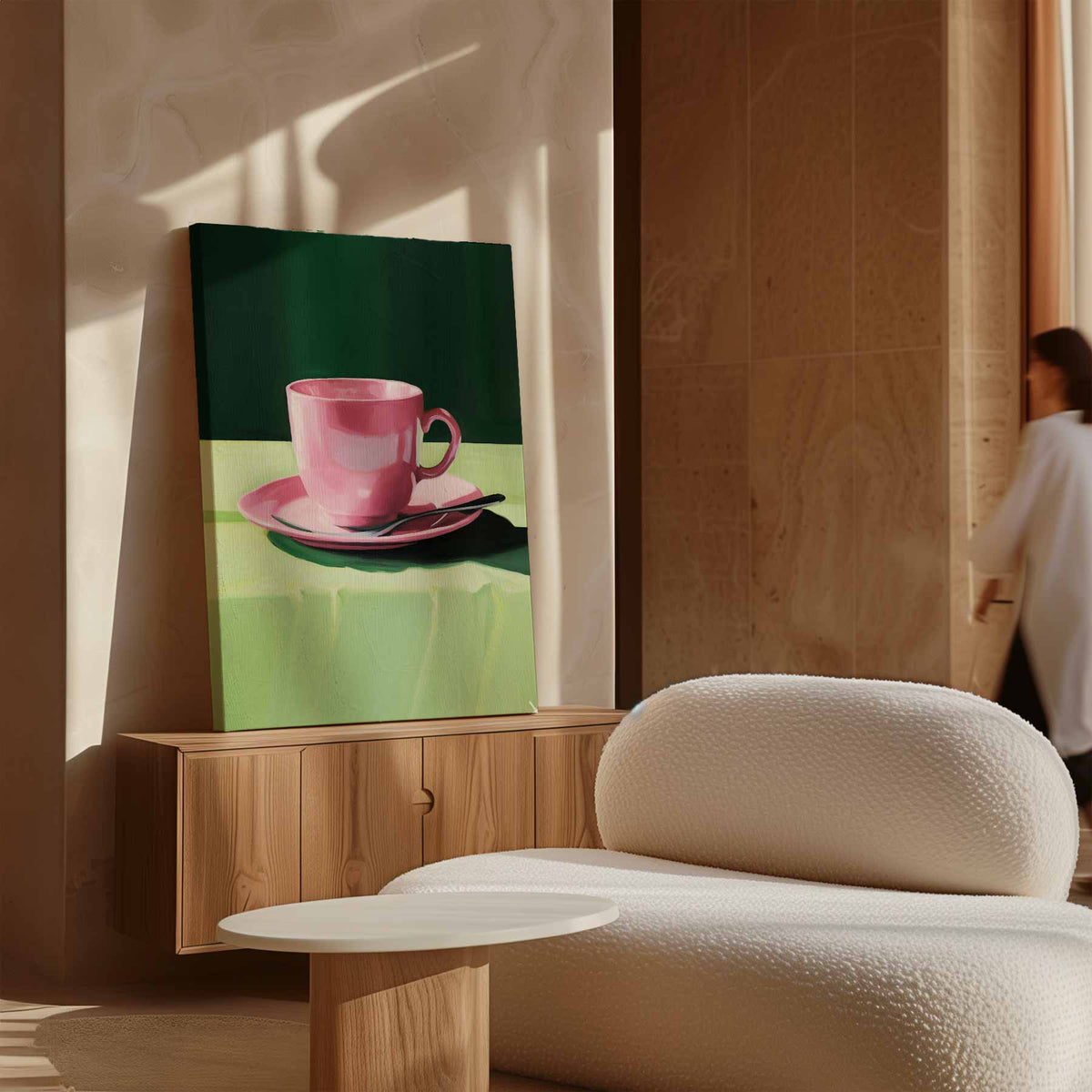 Roze Kopje op Groen Tafellaken – dibond kunstwerk als wanddecoratie