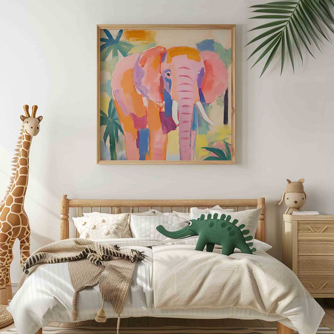 Olifant in kleurrijk landschap – vierkante kinderkamer wanddecoratie van WallArtistic