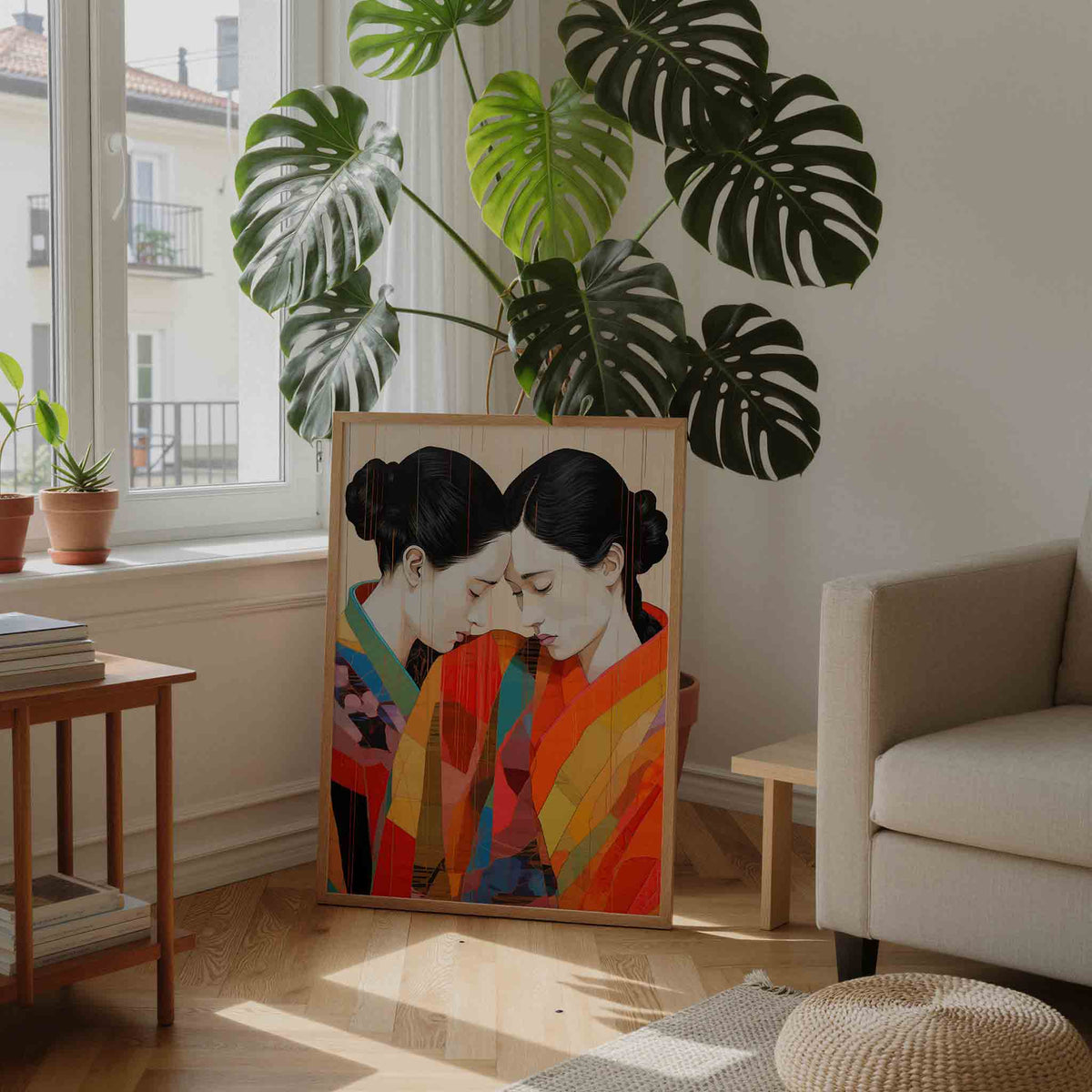 Twee figuren in kleurrijke gewaden – staande botanische wanddecoratie van WallArtistic