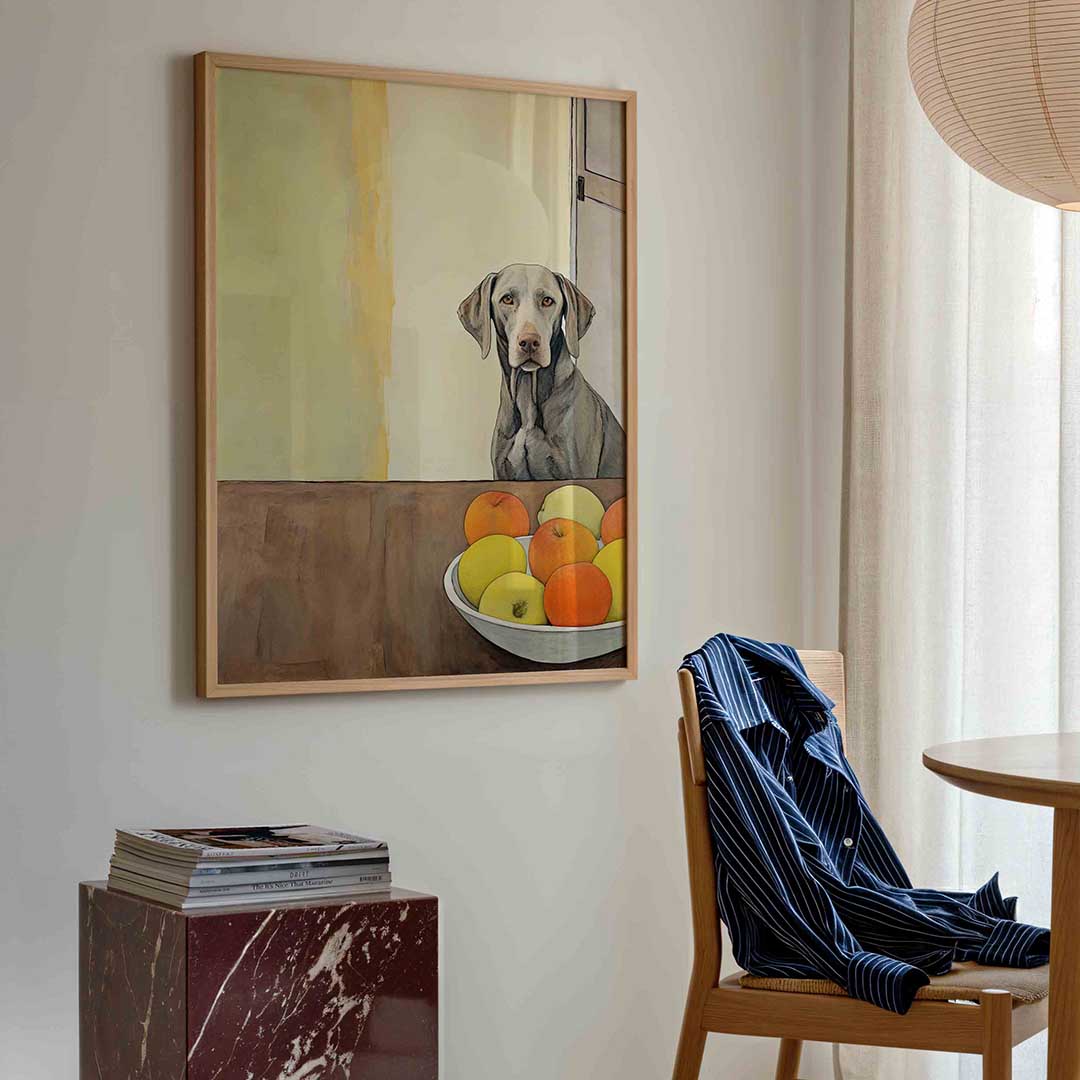 Hond en fruit op tafel – kleurrijke illustratie poster in staand formaat