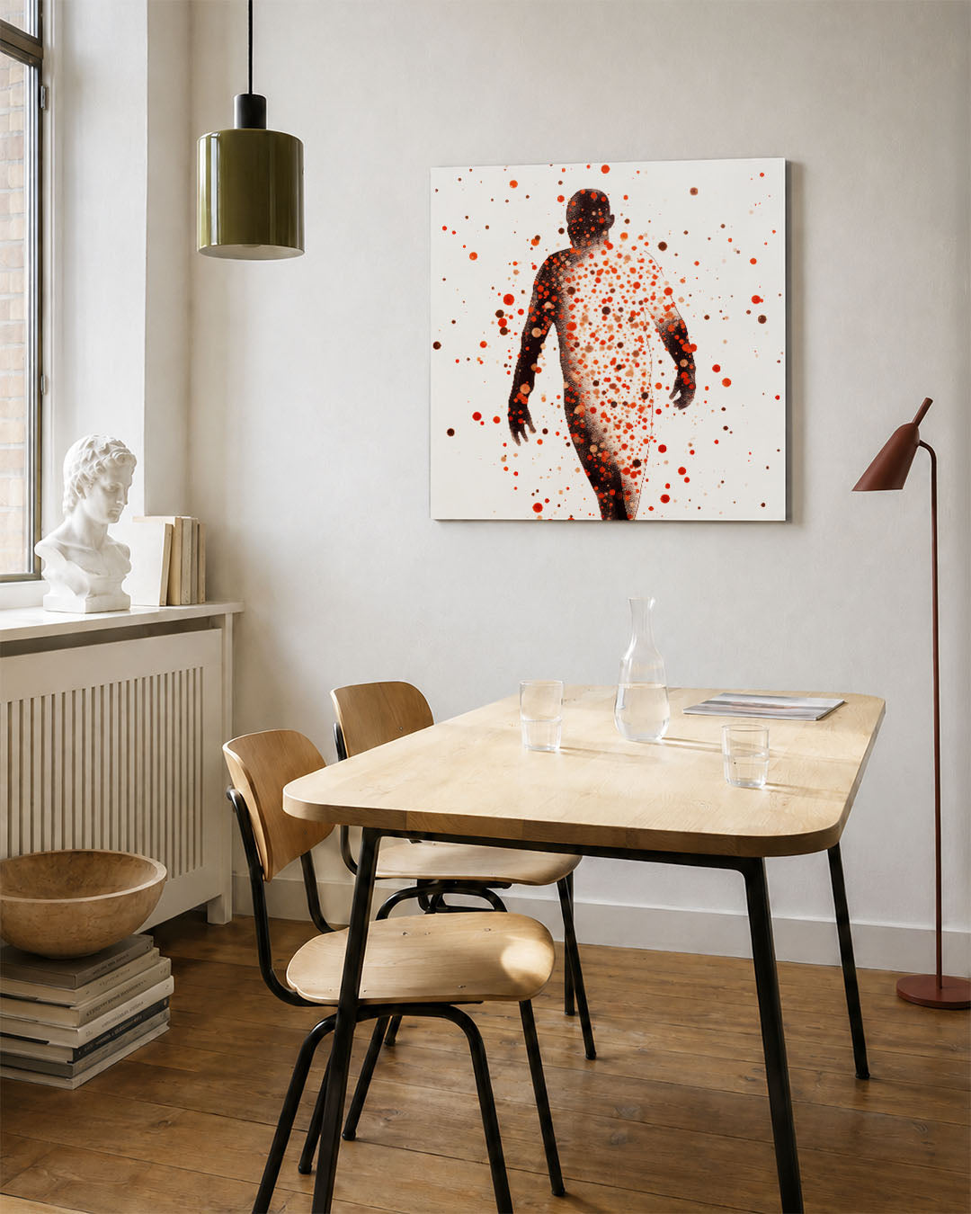 Vorm en puntenspel kunstwerk – vierkante wanddecoratie – dit werk toont een silhouet bedekt met een patroon van kleurrijke