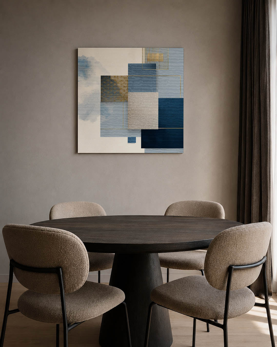 Geometrische compositie kunstwerk – tweede productweergave – dit werk toont een harmonie van rechthoeken en lijnen in blauw