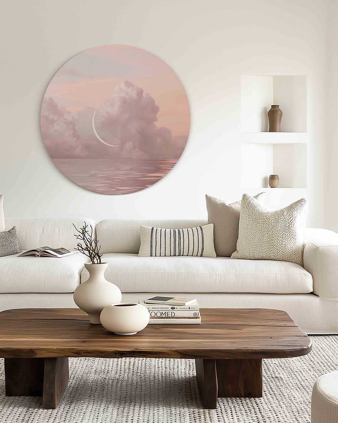 Wolken en maan – illustratie muurcirkel als ronde muurdecoratie