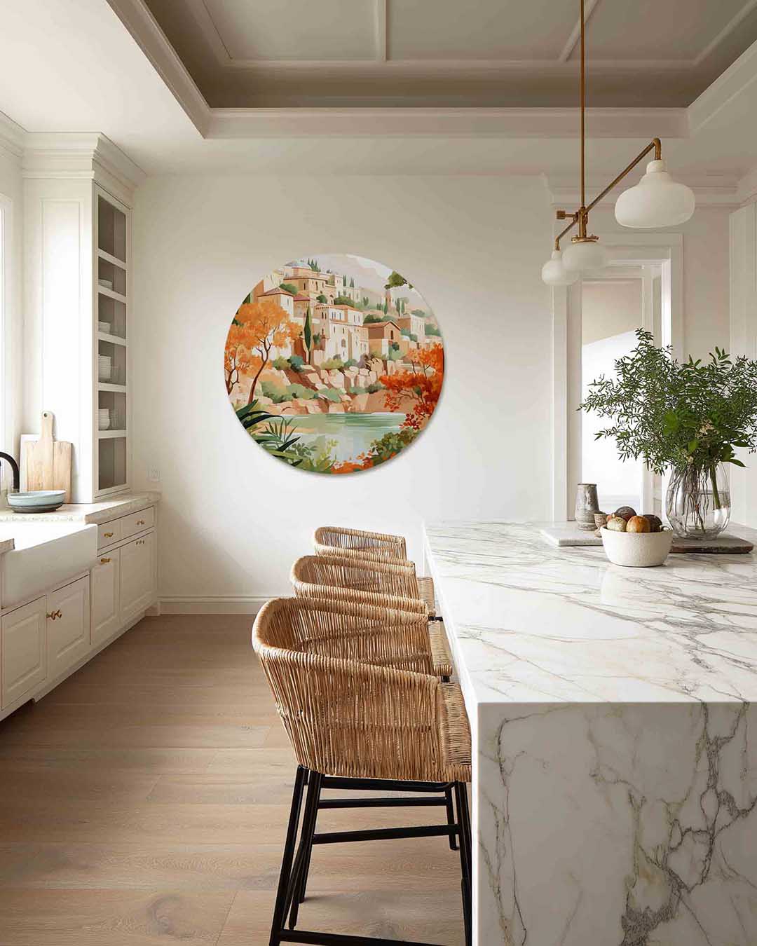 Mediterrane gebouwen – abstracte muurcirkel als ronde wanddecoratie